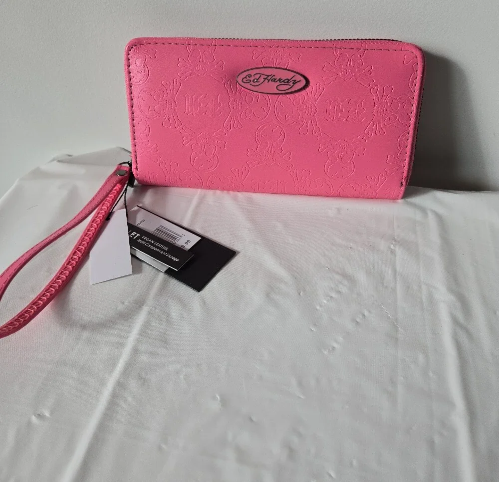 Ed Hardy Hot Pink Zip-Around Wristlet Wallet - Picture 6 of 8